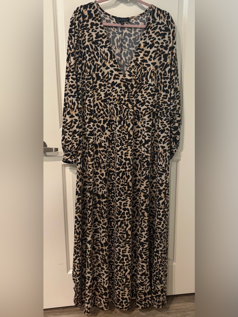 ELOQUII Long Leopard Print Wrap Dress - Black & Beige